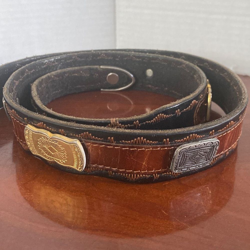 Vintage La Doppia Vita black & brown leather western studded belt Women 36 - Picture 5 of 8